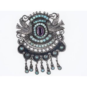 Large Vintage Matl Sterling Turquoise Amethyst repousse birds pendant/pin